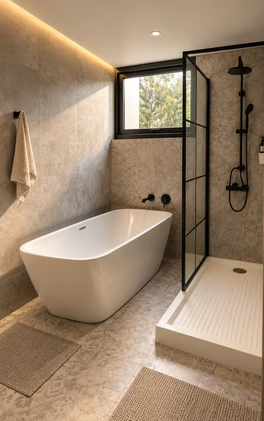 Baño remodelado con tina exenta y ducha con mampara negra