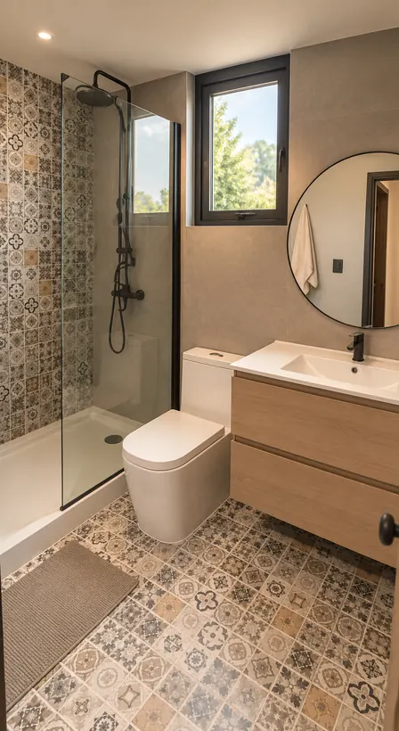 Baño con vanitorio de madera y ducha de vidrio