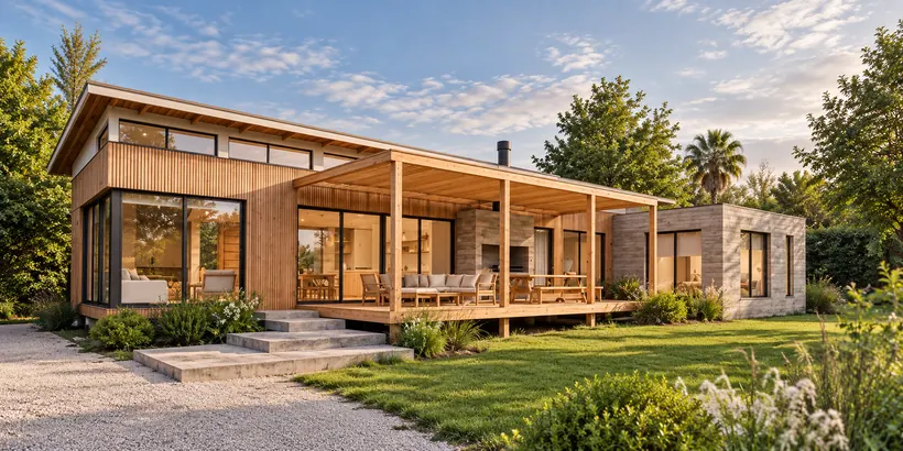 Visualización de vivienda con terraza de madera y jardín