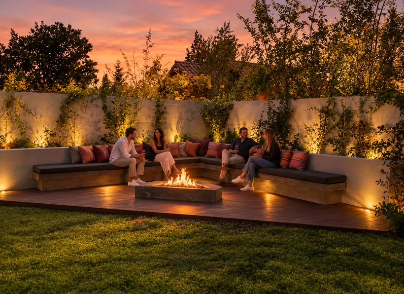 Terraza con asiento perimetral y brasero al atardecer